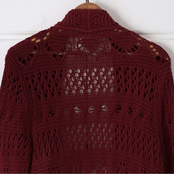 Lucky Brand Womens Open Cardigan Sweater Large Dark Red Maroon Long Knit Pockets - Picture 7 of 12